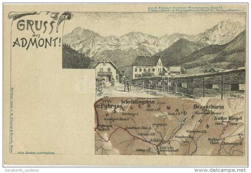 ** T1/T2 Admont, Schell's Gasthaus / Guest House, Map. Kartogr. Anst. Von G. Freytag &amp; Berndt. Litho - Sin Clasificación