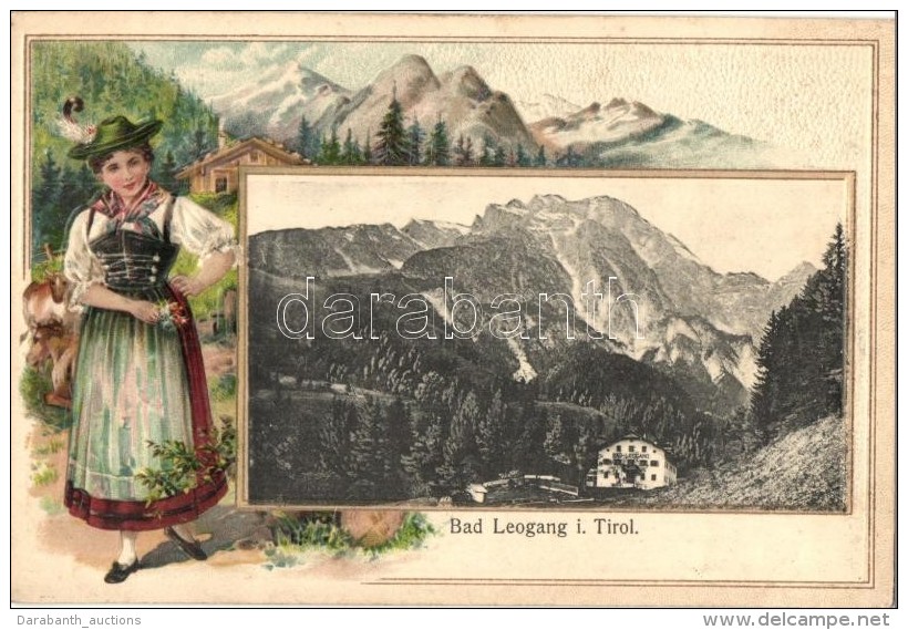 T2 Bad Leogang I. Tirol. O. Blaschke's Floral, Art Nouveau Emb. Litho Frame With Folklore Lady - Non Classés