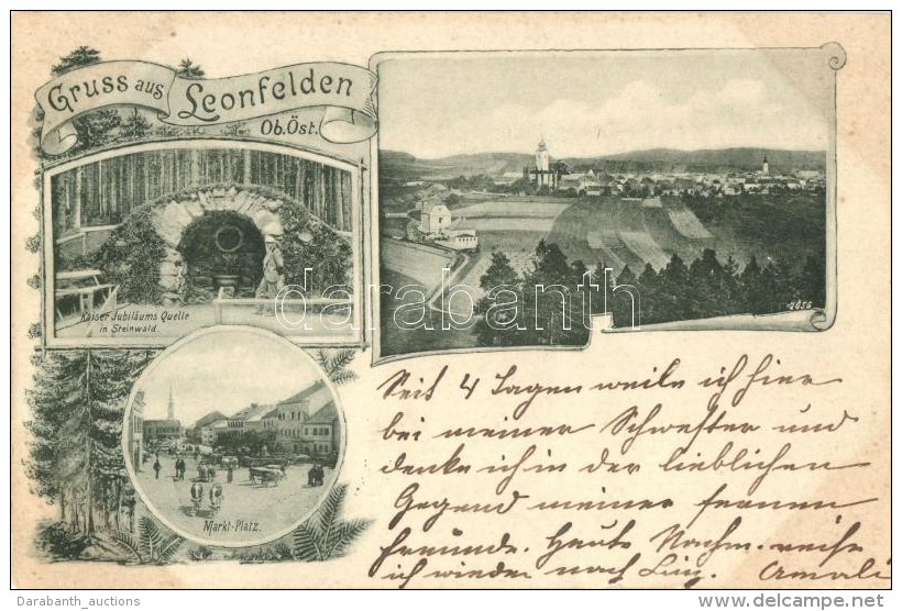 T2 1899 Bad Leonfelden, Markt-Platz, Kaiser Jubil&auml;ums Quelle In Steinwald / Spring, Market Square, Floral - Non Classés