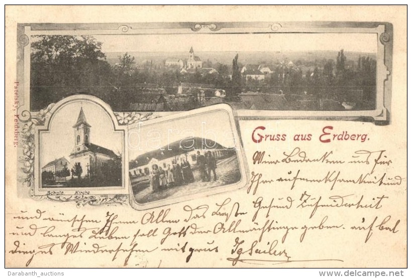 T2 1899 Erdberg (Poysdorf); Schule, Kirche. Pateisky-Feldsberg / Panorama View, School, Church, Restaurant. Floral... - Sin Clasificación