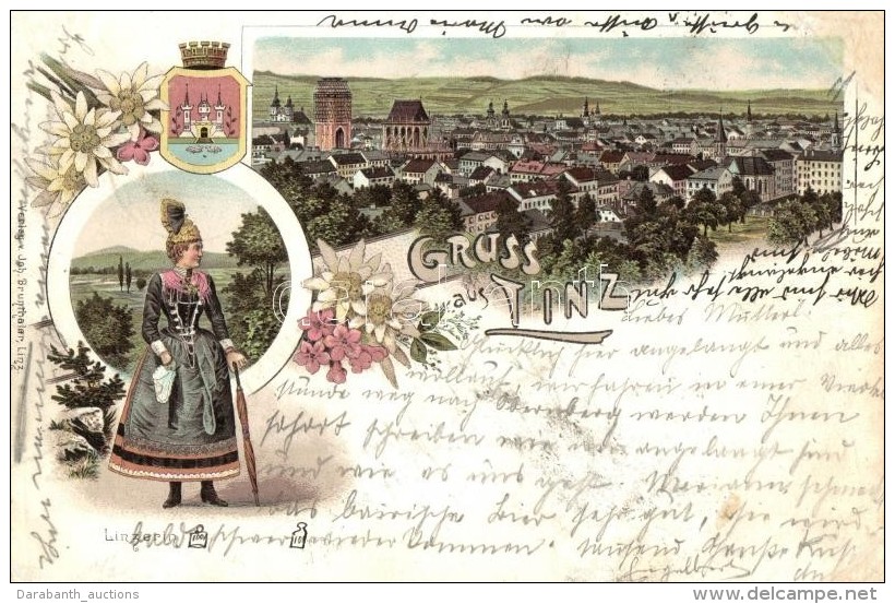 T4 1897 (Vorl&auml;ufer!) Linz, Linzerin. Joh. Brunthaler's Coat Of Arms, Floral, Litho (r) - Non Classés