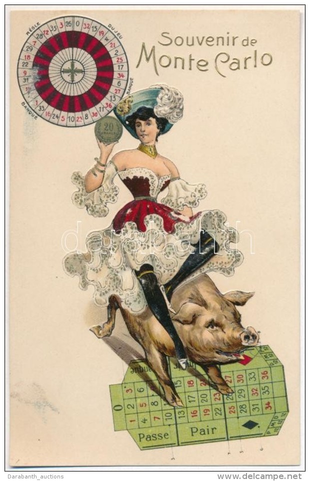 ** T1 Monte Carlo, Souvenir De Roulette; Gently Erotic Lady On Pig. Artist Atelier H. Guggenheim &amp; Co. No.... - Sin Clasificación