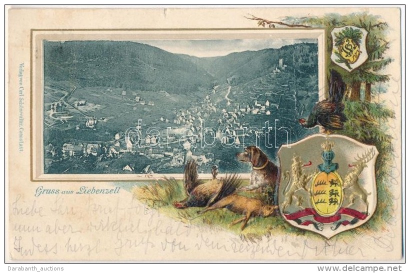 T2/T3 Bad Liebenzell, Carl Schonwalter, Cannstatt. Hunting Dogs With Coat Of Arms, Emb. Litho (small Tear) - Unclassified