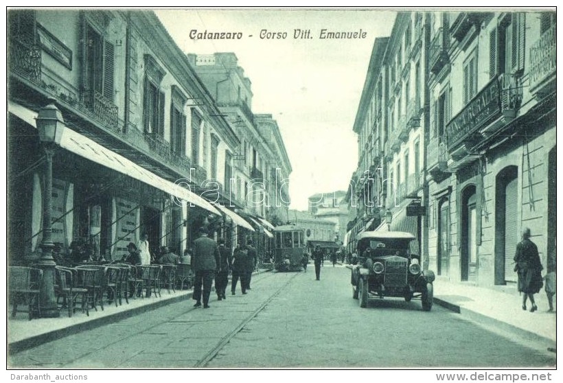 ** T1/T2 Catanzaro, Corso Vittorio Emanuele. Cart. V. Asturi E Figli / Street View With Automobile And Tram,... - Non Classés