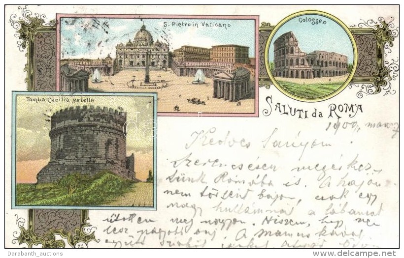 T2 Rome, Roma; S. Pietro In Vaticano, Colosseo, Tomba Cecilia Metella / Church, Colosseum, Tomb, Art Nouveau Litho - Non Classés