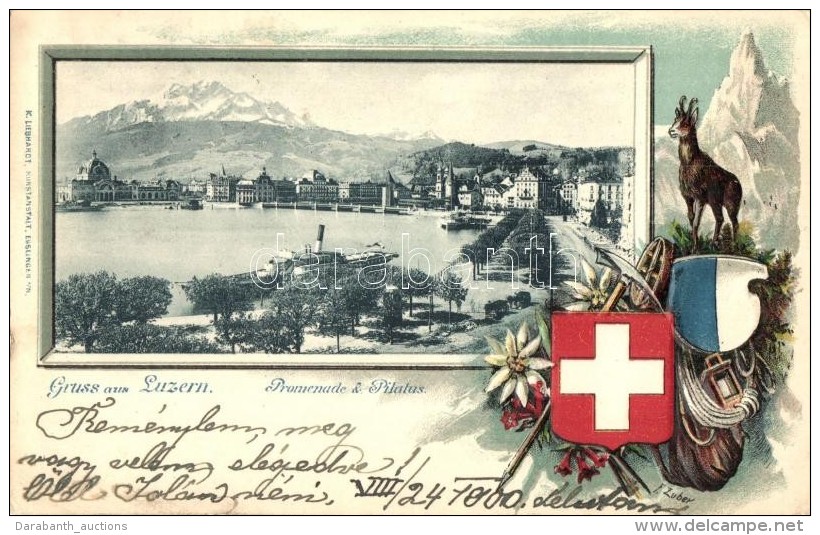 T2/T3 Lucerne, Luzern; Promenade, Pilatus. K. Liebhardt Kunstanstalt, Coat Of Arms, Floral, Goat Emb. Litho - Sin Clasificación