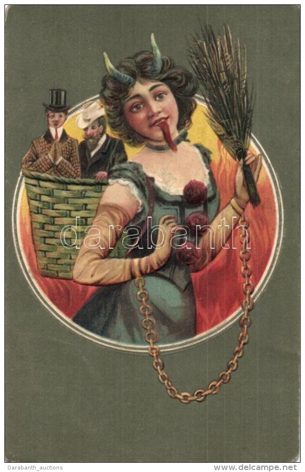 T2 Lady Krampus With Men In Her Basket. Emb. Litho - Sin Clasificación