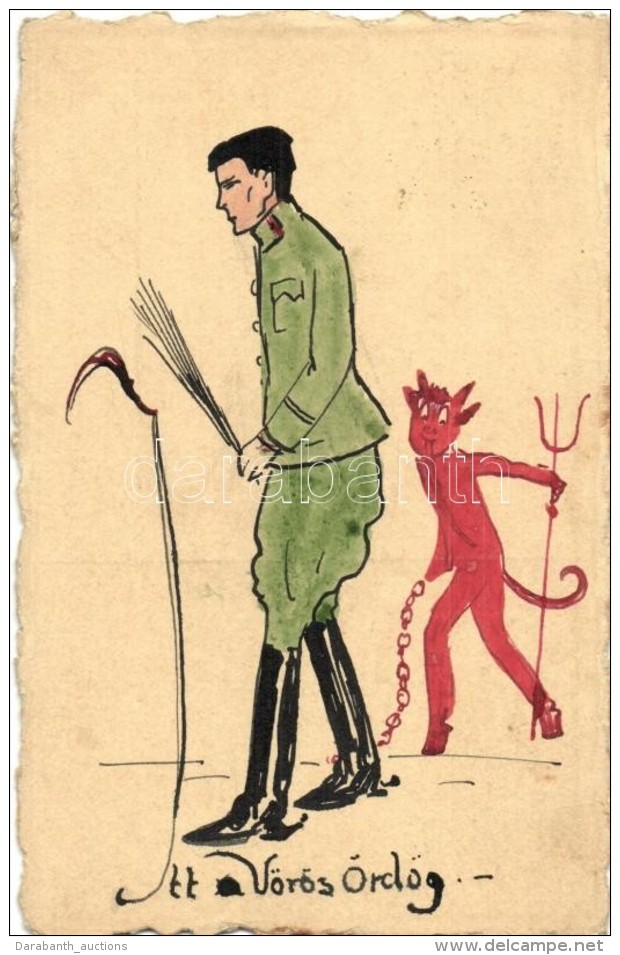T2 Itt A V&ouml;r&ouml;s &Ouml;rd&ouml;g / Krampus With Soldier. Hand-painted Art Postcard - Sin Clasificación