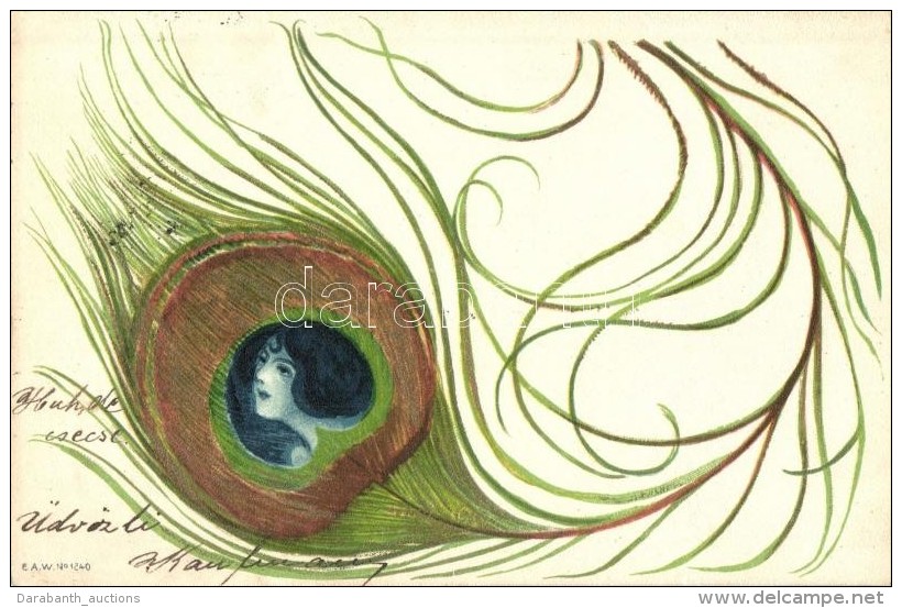 T2 Peacock Feather Lady. Art Nouveau Litho Art Postcard, E.A.W. No. 1240. Unsigned Raphael Kirchner - Sin Clasificación