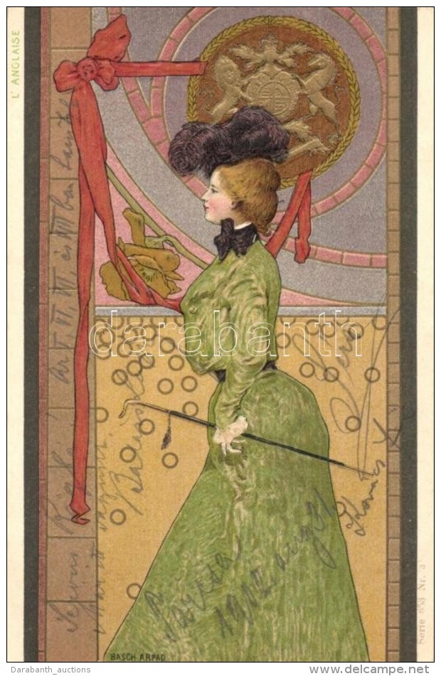 T2 L'Anglaise / English Lady. Art Nouveau Art Postcard. Serie 653. Nr. 3. Emb. Litho S: Basch &Aacute;rp&aacute;d - Sin Clasificación