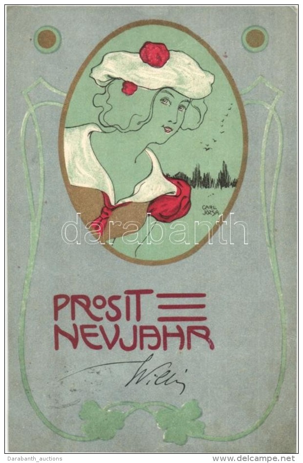 T2/T3 Prosit Neujahr / Art Nouveau Golden Lady Litho Art Postcard S: Carl J&oacute;zsa  (EK) - Sin Clasificación