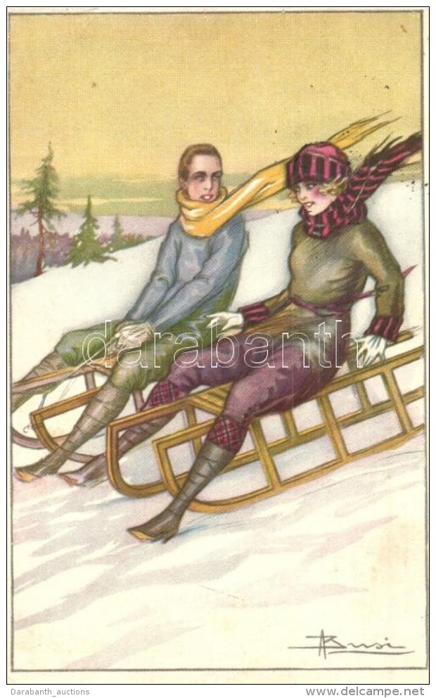 T2/T3 Sledding Couple. Italian Art Nouveau Art Postcard, Anna &amp; Gasparini 558-2. S: Busi (fl) - Non Classés