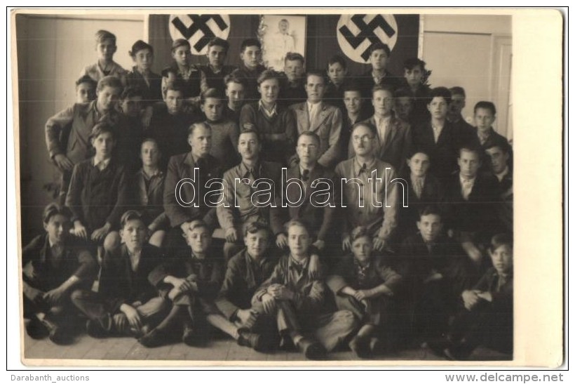 ** T2 Third Reich-era School Class, Swastika Flags In The Background, Photo - Unclassified