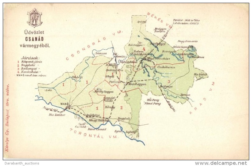 ** T2 Csan&aacute;d V&aacute;rmegye T&eacute;rk&eacute;pe, Kiadja K&aacute;rolyi Gy. / Map Of Csan&aacute;d County - Sin Clasificación