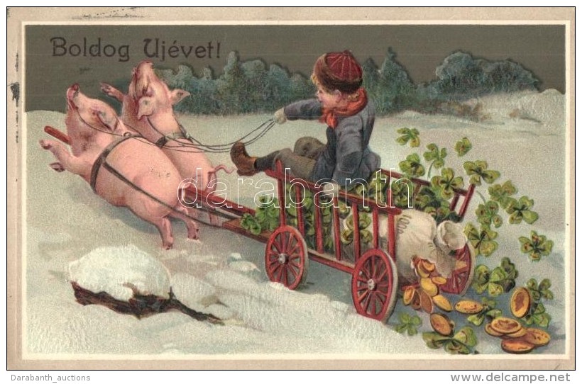 * T2 Boldog &Uacute;j&eacute;vet! / New Year Greeting Art Postcard, Pig Cart With Bags Of Money . SB 2255. Emb.... - Sin Clasificación