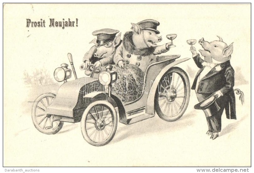 T2 Prosit Neujhr / New Year Greeting Art Postcard. Pig Gentlemen In Automobile - Sin Clasificación