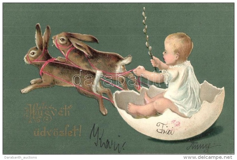 T2 H&uacute;sv&eacute;ti &uuml;dv&ouml;zlet / Easter Greeting Card, Rabbit Sled With Egg Shell, Emb. Litho - Non Classés