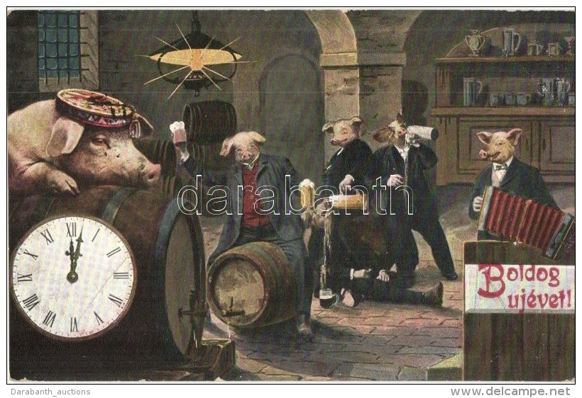 T2 Boldog &Uacute;j&eacute;vet! / New Year Greeting Postcard, Drunken Pig Gentlemen - Non Classés