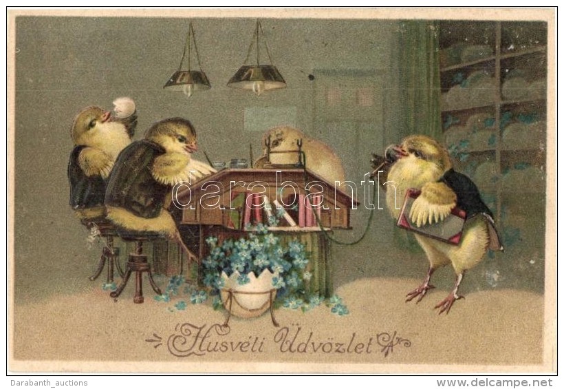 T2 H&uacute;sv&eacute;ti &uuml;dv&ouml;zlet! / Easter Greeting Card, Chicken At The Office, Emb. Litho - Sin Clasificación