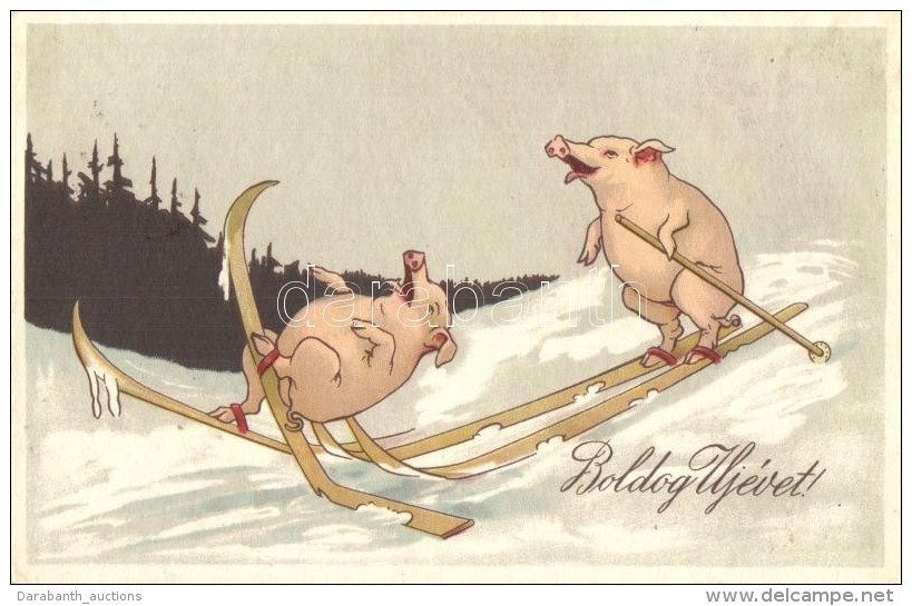 T2 Boldog &Uacute;j&eacute;vet! / New Year Greeting Card, Skiing Pigs, Litho - Unclassified