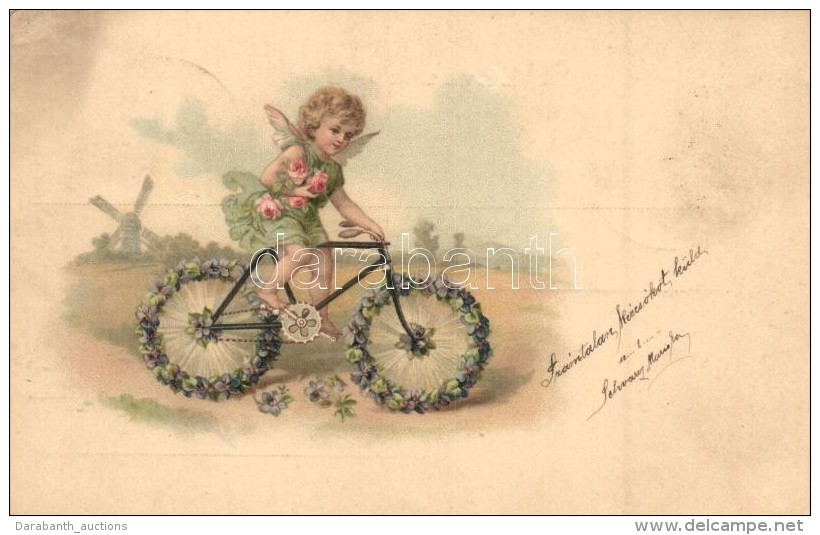 T2/T3 Angel On Bicycle, Greeting Card, Litho - Unclassified
