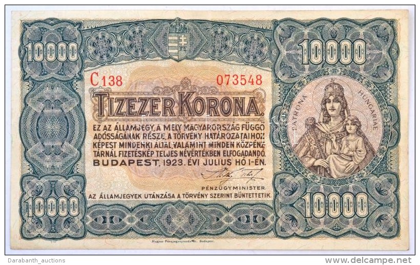 1923. 10.000K 'Orell F&uuml;ssli Z&uuml;rich' Barna Sorozat-&eacute;s Sorsz&aacute;m T:II / 
Hungary 1923. 10.000... - Non Classés