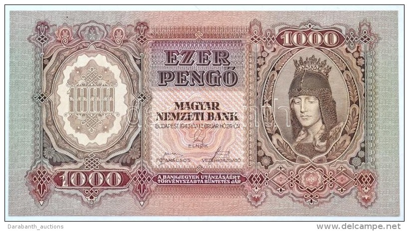 1943. 1000P H&aacute;tlapon Csak Alapnyomat, Sorsz&aacute;mozott T:I / Hungary 1943. 1000 PengÅ‘ With Only... - Non Classés