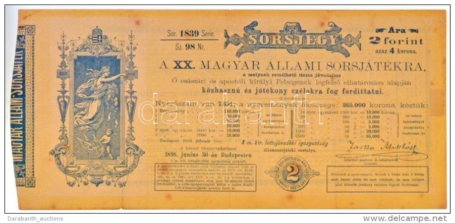 1898. 'A XX. Magyar &Aacute;llami Sorsj&aacute;t&eacute;k' 2Ft &eacute;rt&eacute;kÅ± Sorsjegye T:III / Hungary... - Non Classés