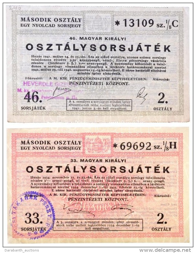 1934. '33. Magyar Kir&aacute;lyi Oszt&aacute;lysorsj&aacute;t&eacute;k' M&aacute;sodik Oszt&aacute;ly Egynyolcad... - Non Classés