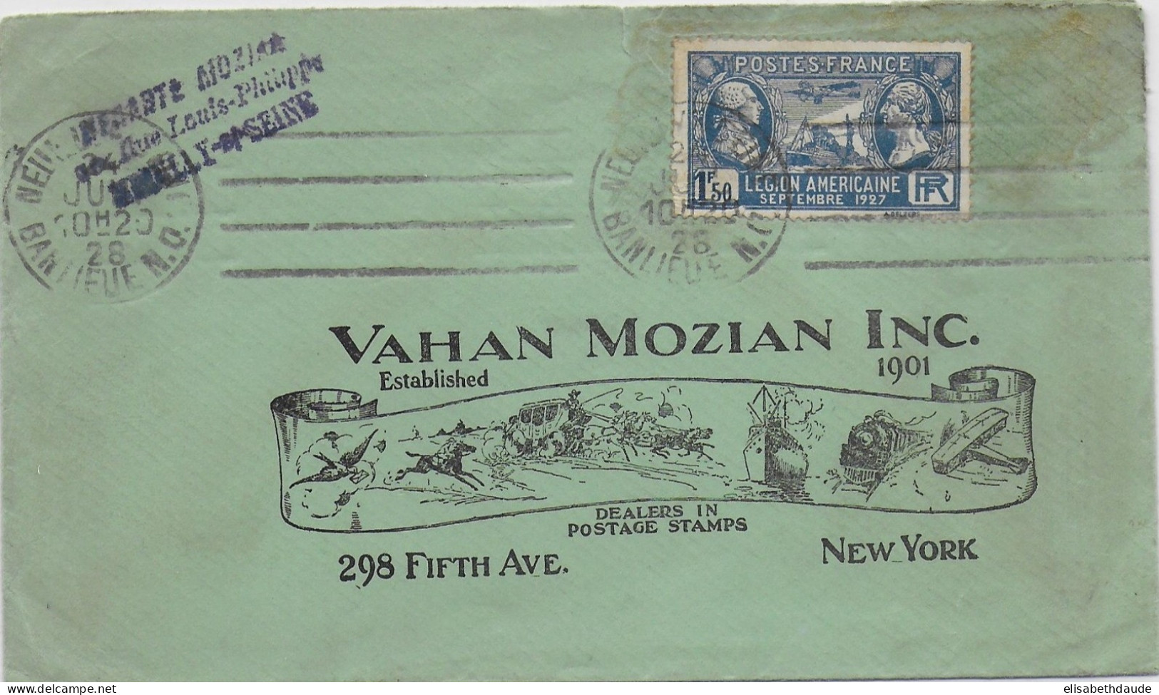 LEGION AMERICAINE - 1928 - YVERT N°245 Sur ENVELOPPE ILLUSTREE De NEUILLY => NEW-YORK (USA) - ADRESSE DECORATIVE - Storia Postale