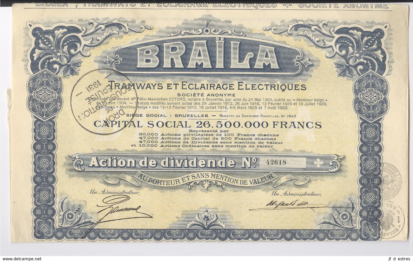 Braïla tramways et éclairage électriques . Roumanie.  4 Actions de dividende au porteur 1929 avec coupons