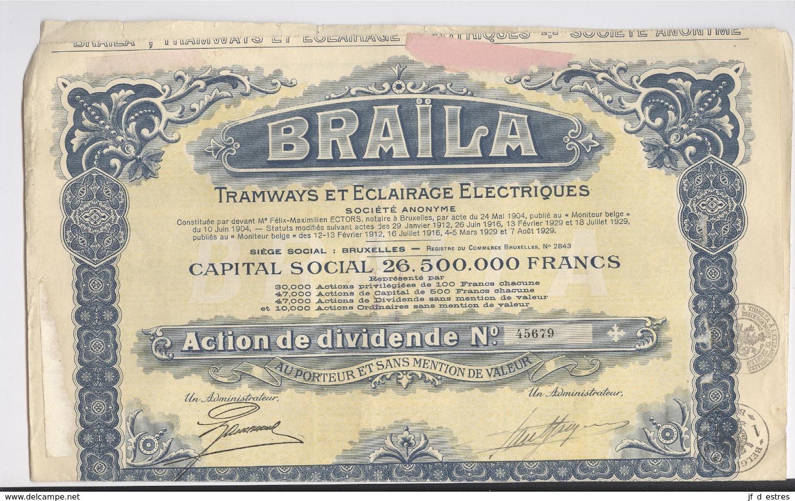 Braïla tramways et éclairage électriques . Roumanie.  4 Actions de dividende au porteur 1929 avec coupons