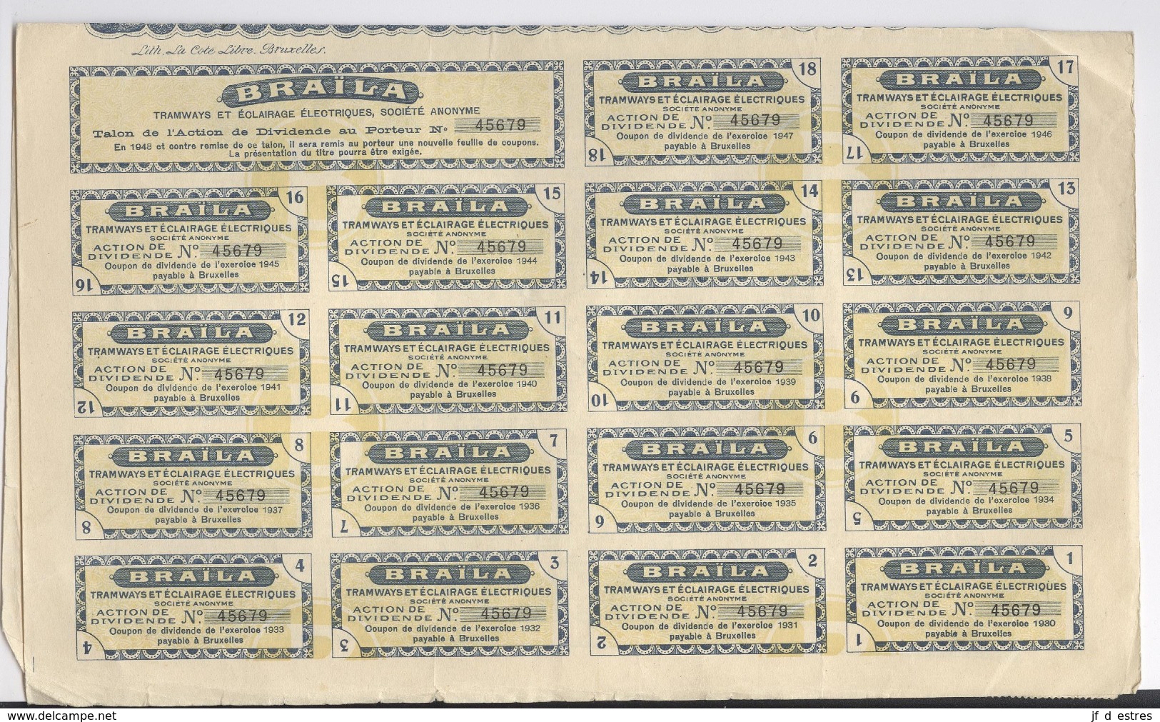 Braïla tramways et éclairage électriques . Roumanie.  4 Actions de dividende au porteur 1929 avec coupons