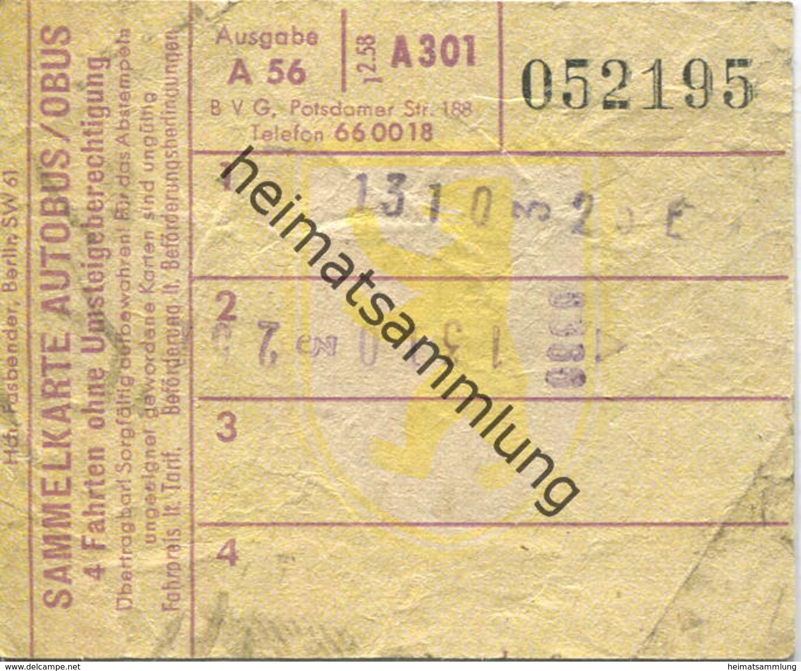 Deutschland - Berlin - BVG Sammelkarte Autobus / Obus - 4 Fahrten Ohne Umsteigeberechtigung 1958 - Rückseitig Werbung Li - Europe