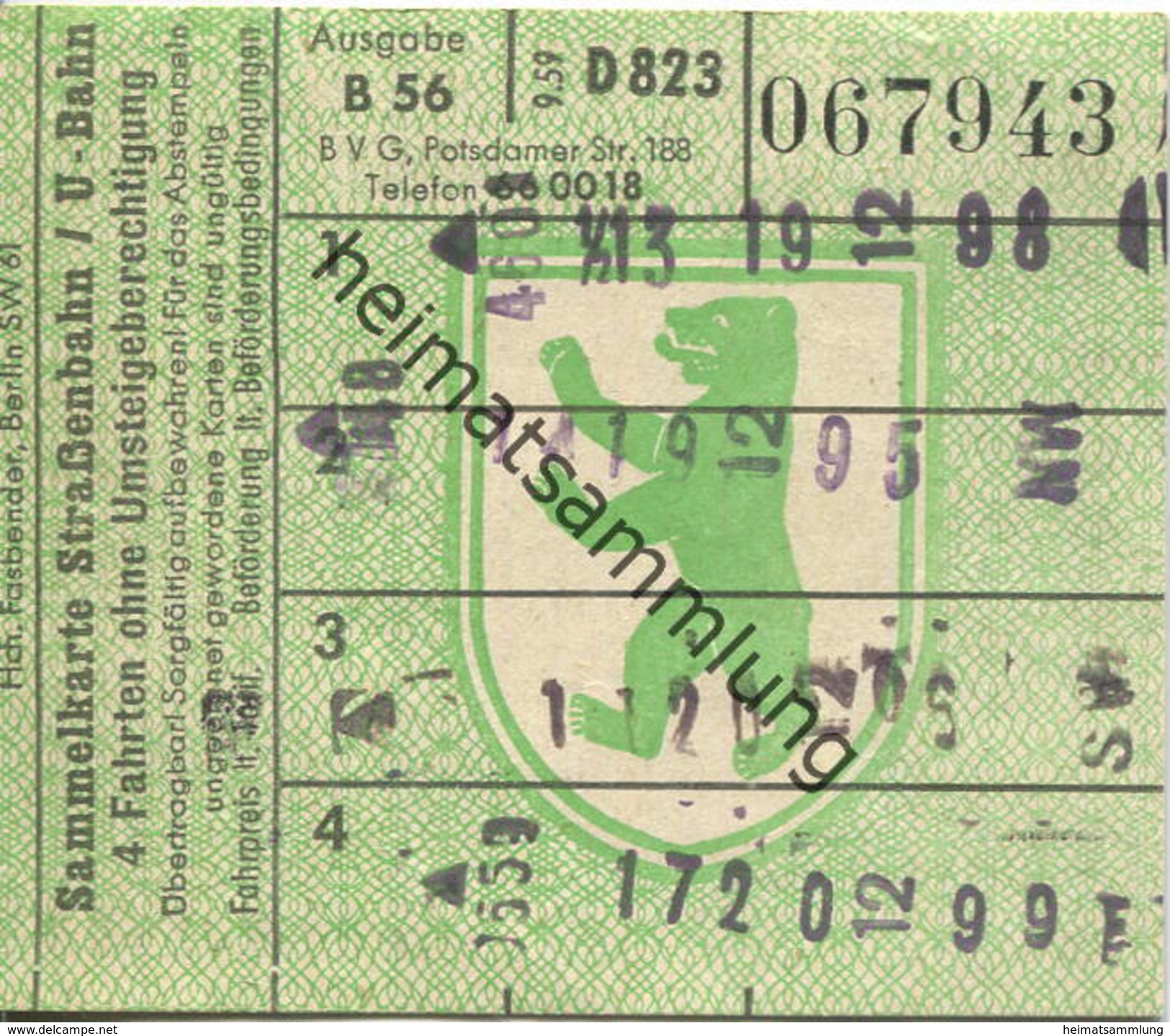 Deutschland - Berlin - BVG - Sammelkarte - Strassenbahn / U-Bahn 4 Fahrten Ohne Umsteigeberechtigung 1959 - Rückseitig W - Europe