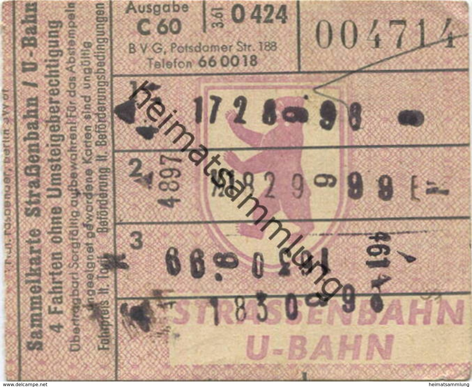 Deutschland - Berlin - BVG - Sammelkarte - Strassenbahn / U-Bahn 4 Fahrten Ohne Umsteigeberechtigung 1961 - Rückseitig W - Europa