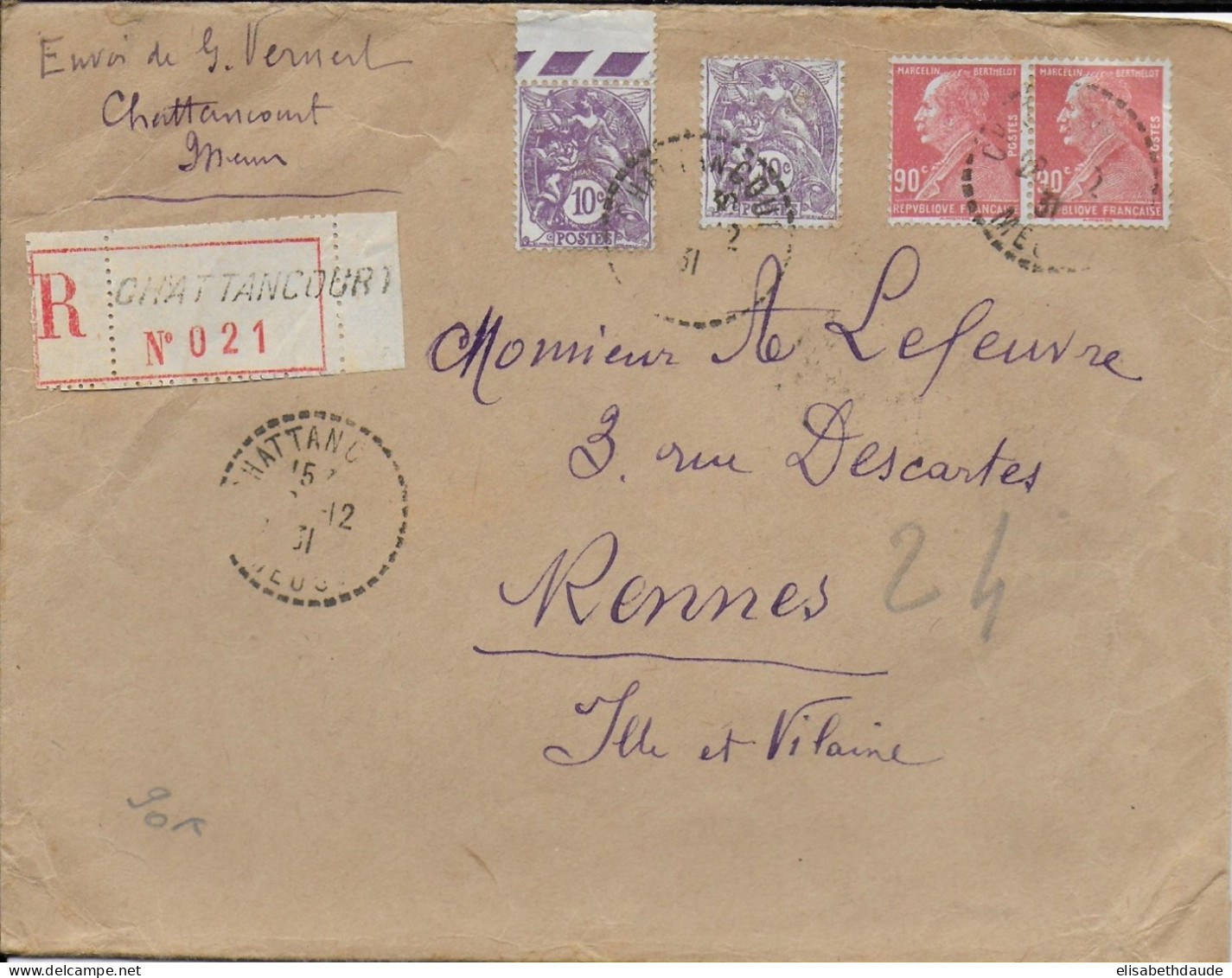 BERTHELOT - 1931 - ENVELOPPE RECOMMANDEE De CHATTANCOURT (MEUSE) => RENNES - 1900-29 Blanc