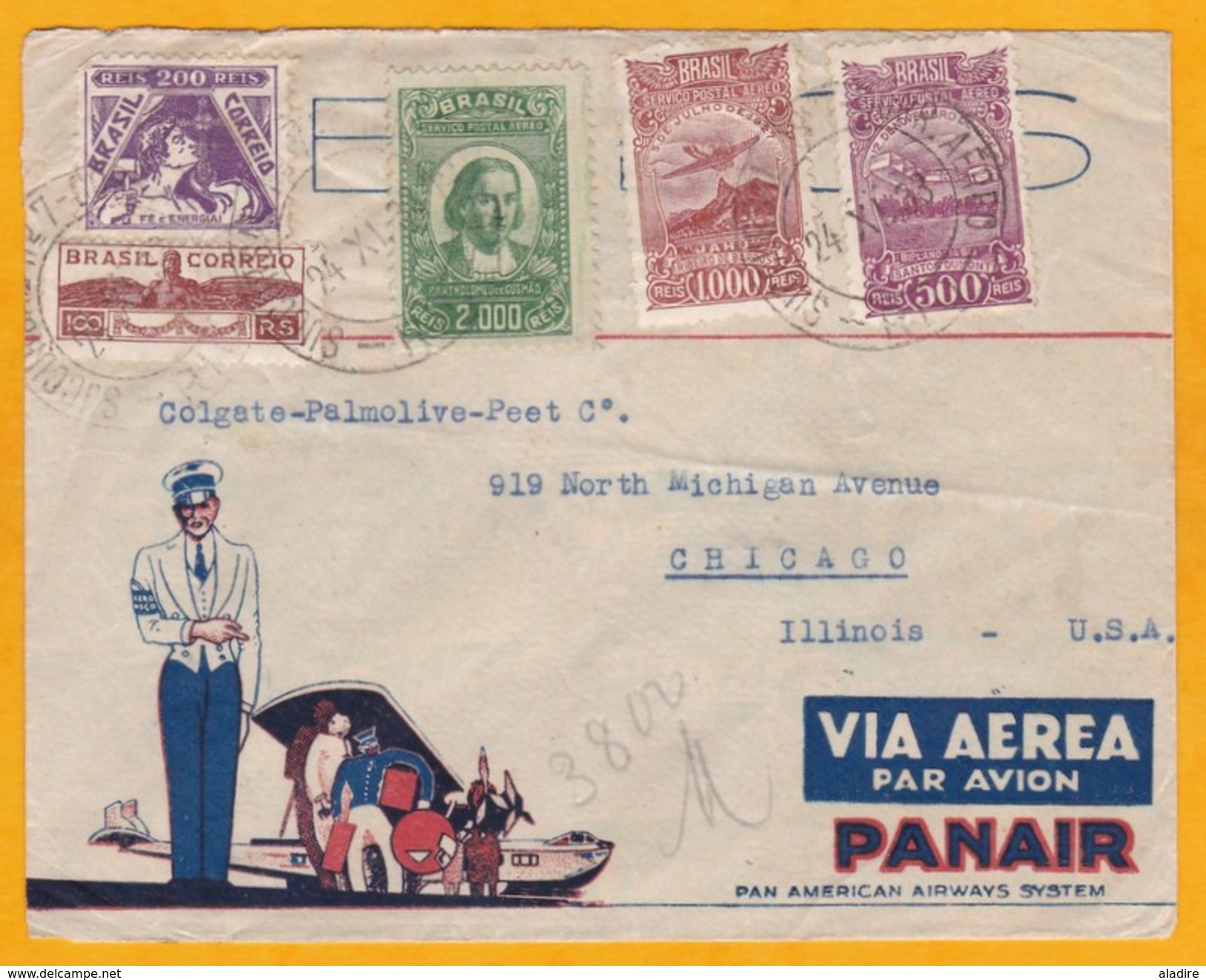 1933 - Enveloppe  Par Avion  PANAIR  De Rio, Brésil Vers Chicago, USA - Affrt 3800 Reis - Cad Arrivée - Airmail (Private Companies)