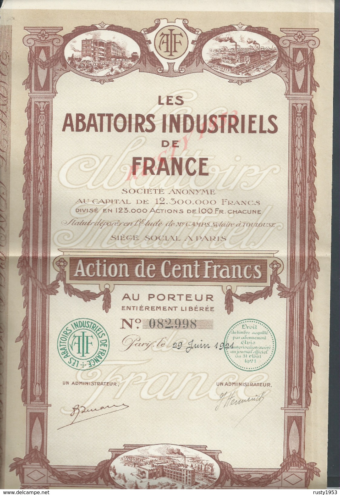 ANCIENNE ACTION ABATOIRS INDUSTRIELS DE FRANCE PARIS 1921 : - Agriculture