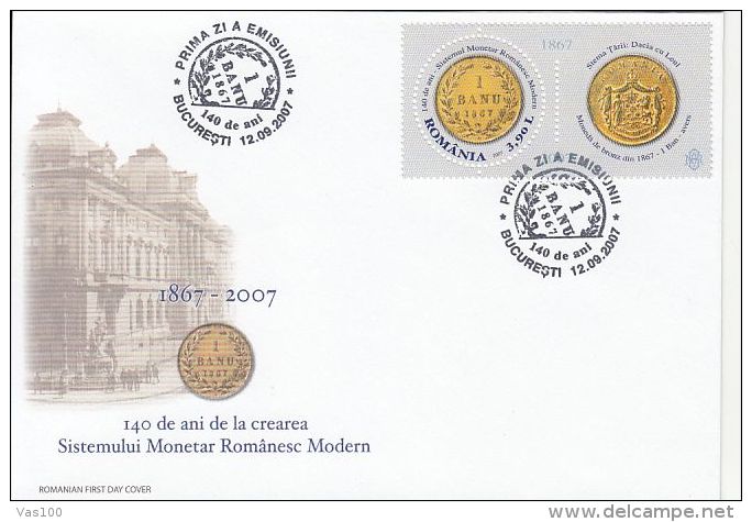 LEU- ROMANIAN NATIONAL CURRENCY ANNIVERSARY, COVER FDC, 2007, ROMANIA - FDC