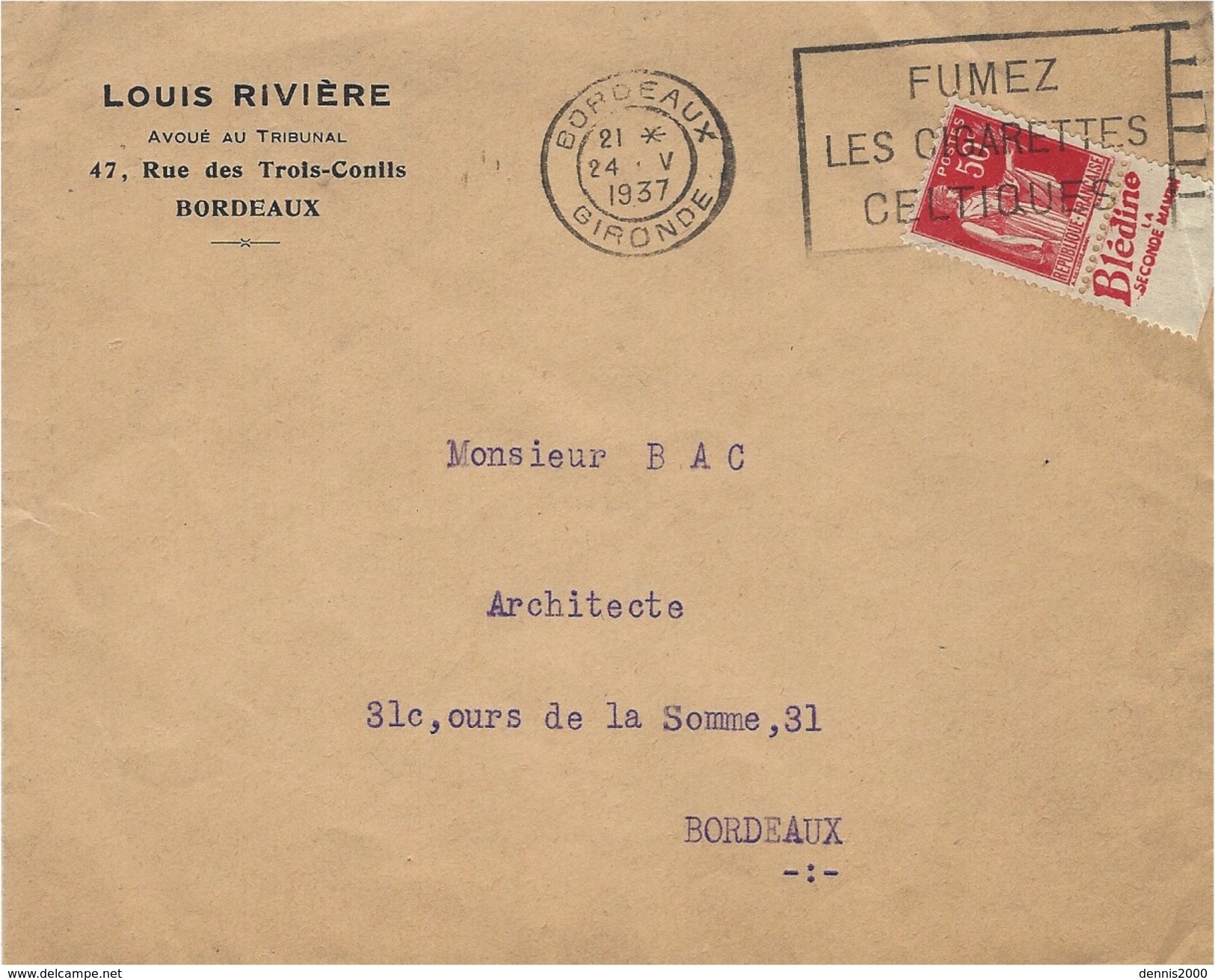 1937- Enveloppe à En-tête De Bordeaux/ Gironde  Affr. 50 C Paix Bande BLEDINE  / La Seconde Maman - 1877-1920: Periodo Semi Moderno