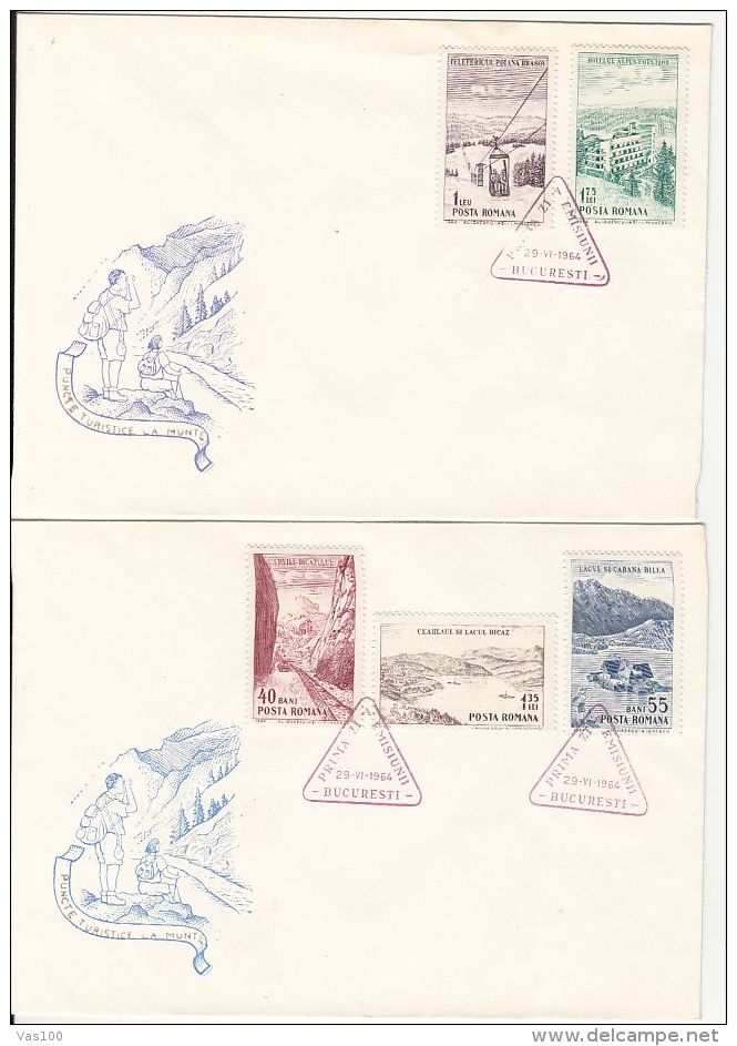 TOURISM, BICAZ GORGES, LAKE, BALEA LAKE AND CHALET, POIANA BRASOV CABLE CAR, SINAIA, COVER FDC, 2X, 1964, ROMANIA - Other & Unclassified