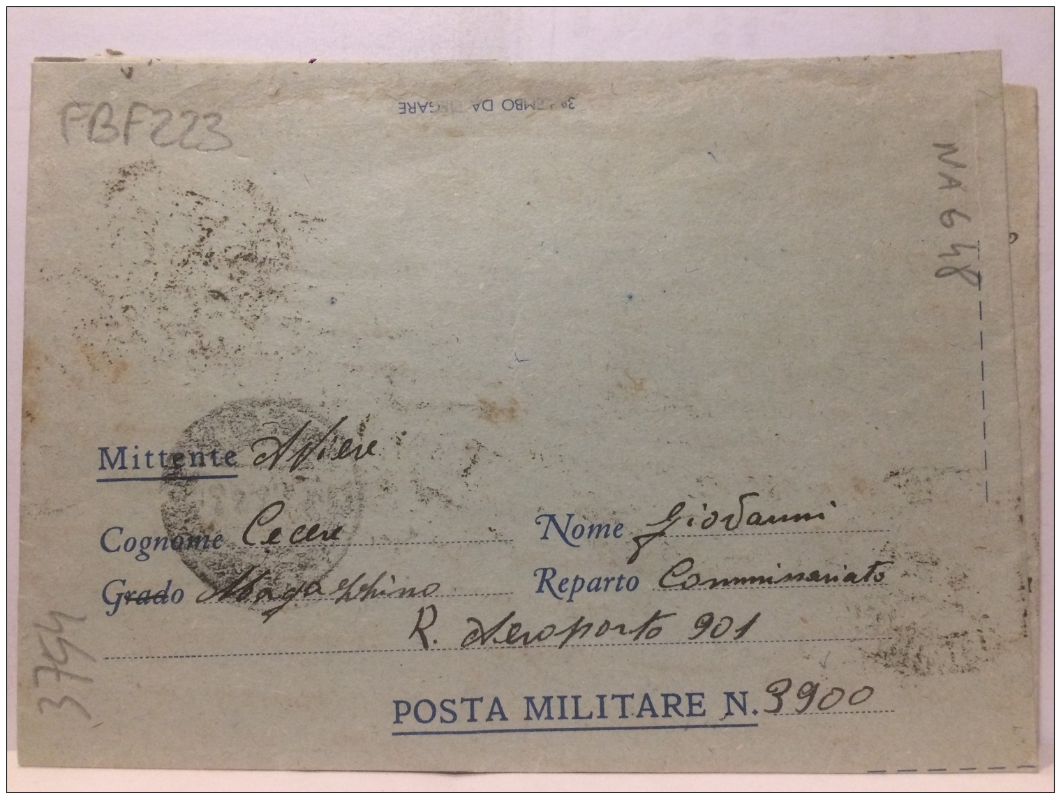 FBF,STORIA POSTALE,BIGLIETTO P,ITALIA,REGNO,ETICHETTA,IN FRANCHIGIA,POSTA MILITARE,VIA AEREA50C.R.AEREOPORTO901 A NAPOLI - Marcophilie