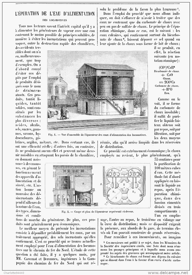 L'EPUREMENT DE L'EAU D'ALIMENTATION  DES LOCOMOTIVES  1891 - Eisenbahnverkehr