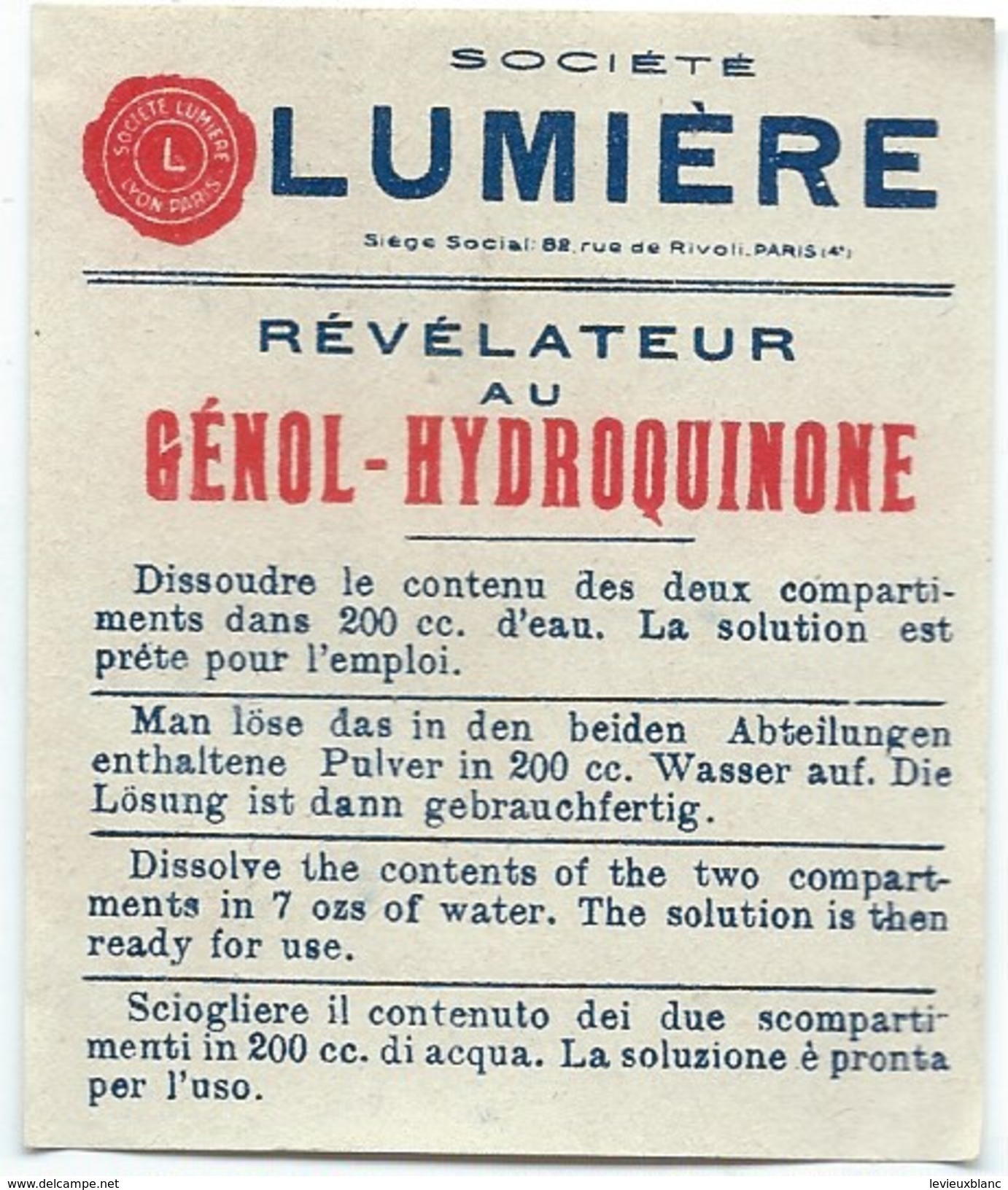 Papillon Publicitaire/Révélateurau Génol-Hydroquinone/ Société LUMIERE/Mode D'emploi/rue De Rivoli /Vers 1920   PHOTN259 - Sonstige & Ohne Zuordnung