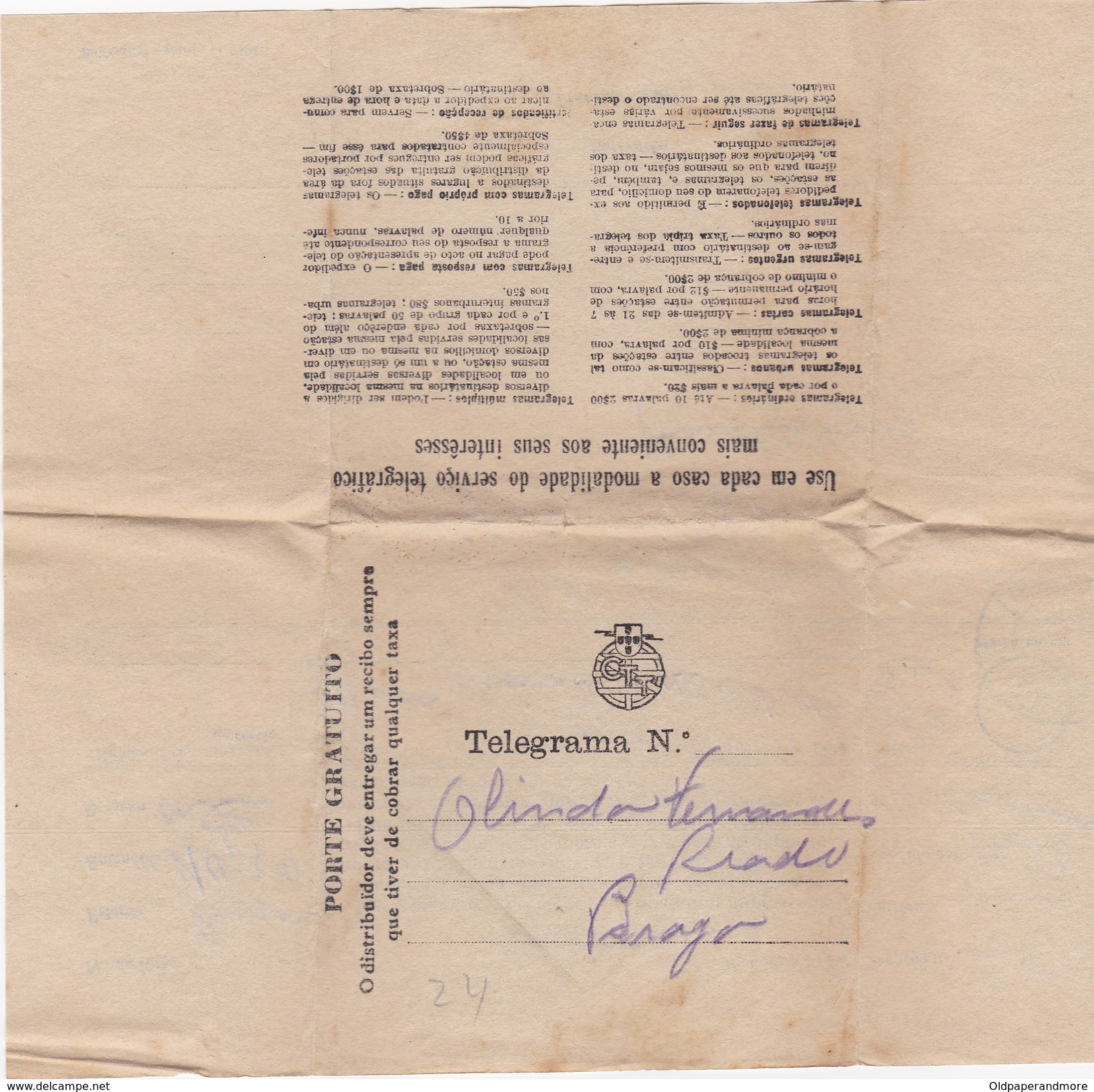 PORTUGAL TELEGRAMA TELEGRAM - BRAGA To PRADO - Brieven En Documenten