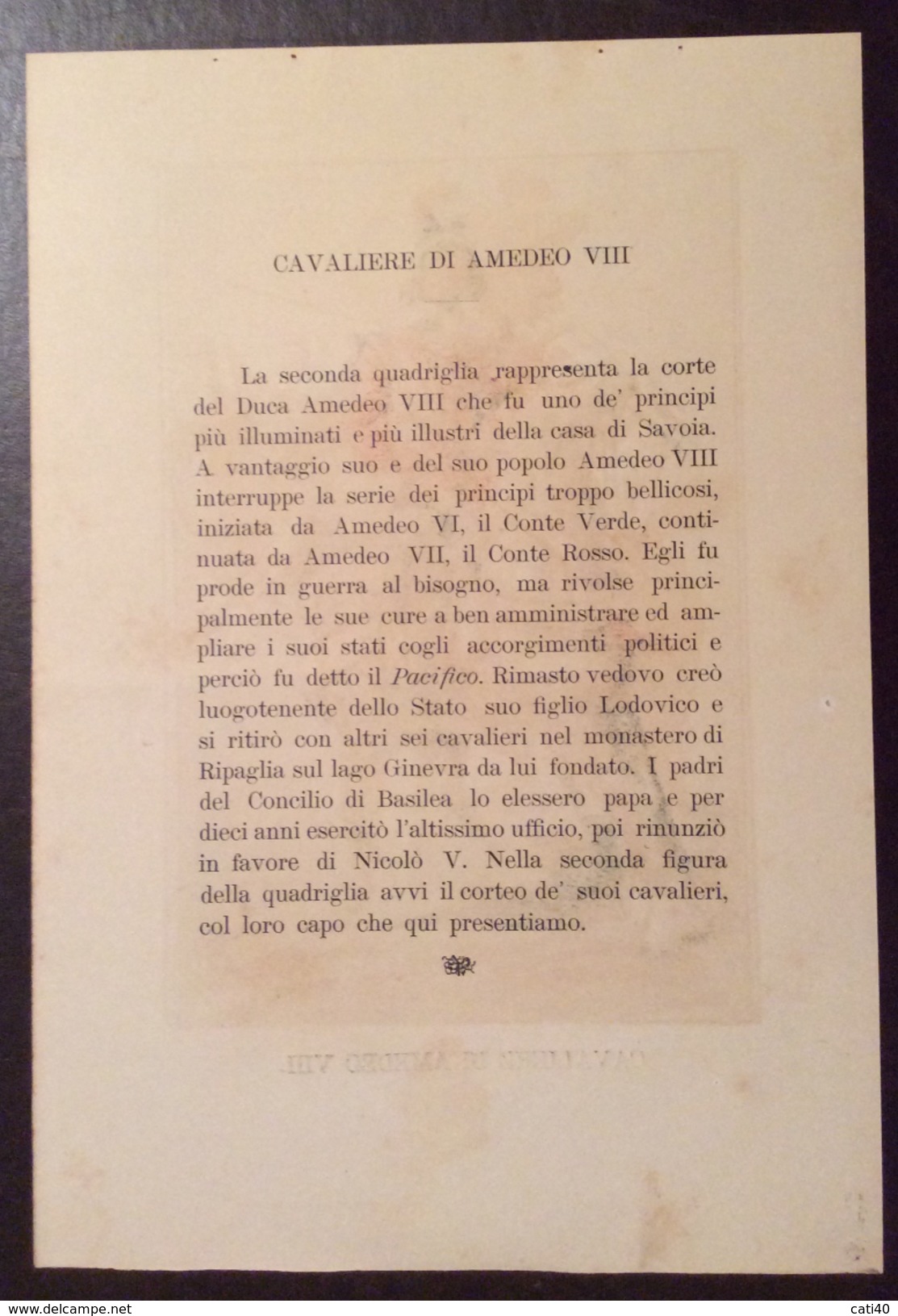 UNIFORMI MILITARI  CAVALIERE DI AMEDEO VIII      ANTICA STAMPA  CON TESTO STORICO 18x27 - Altri & Non Classificati