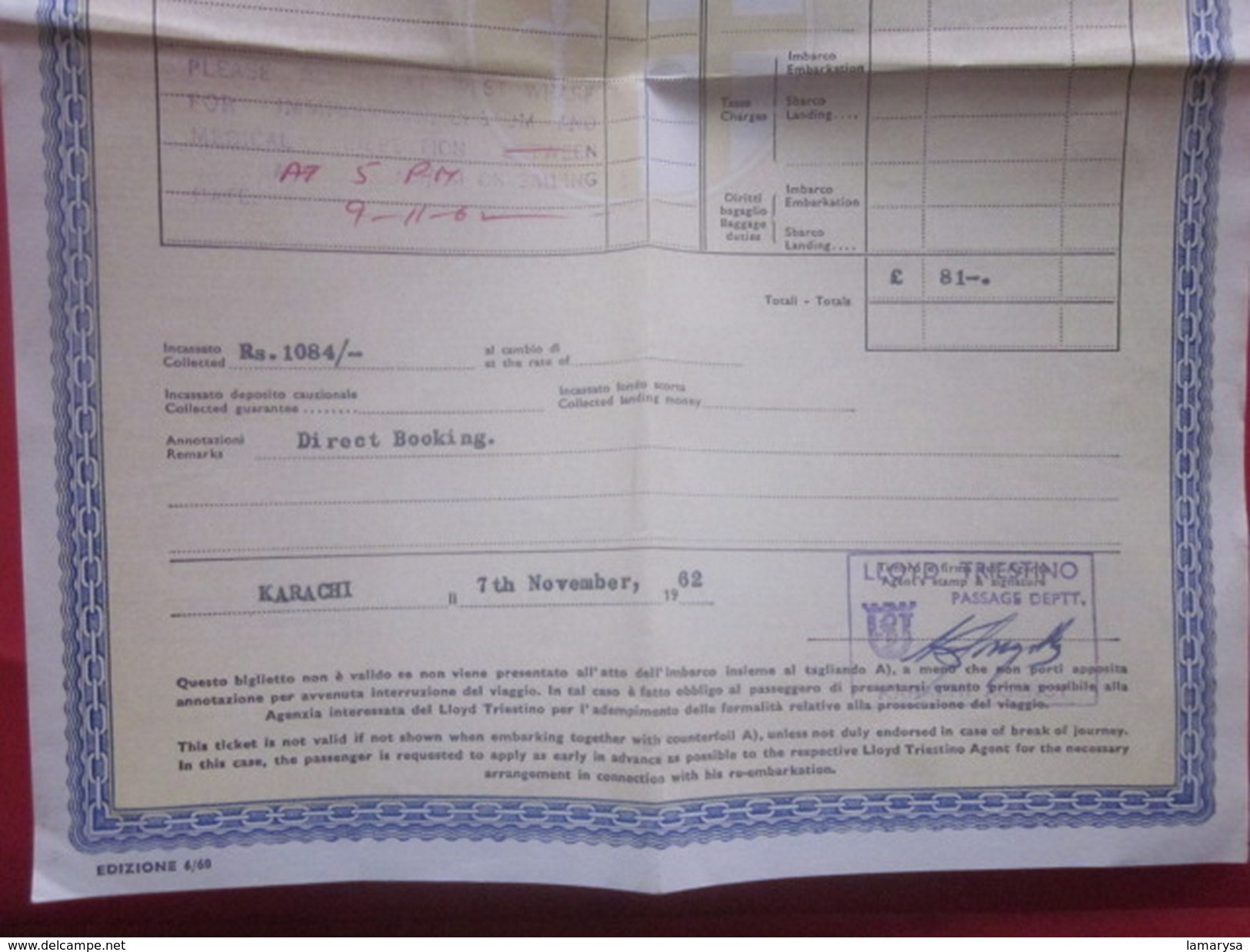 LLOYD TRIESTINO Karachi Inde Genoa Gènes Italia Titre De Transport Ticket,Billet Embarquement Bateau Ship VICTORIA 1962 - Welt