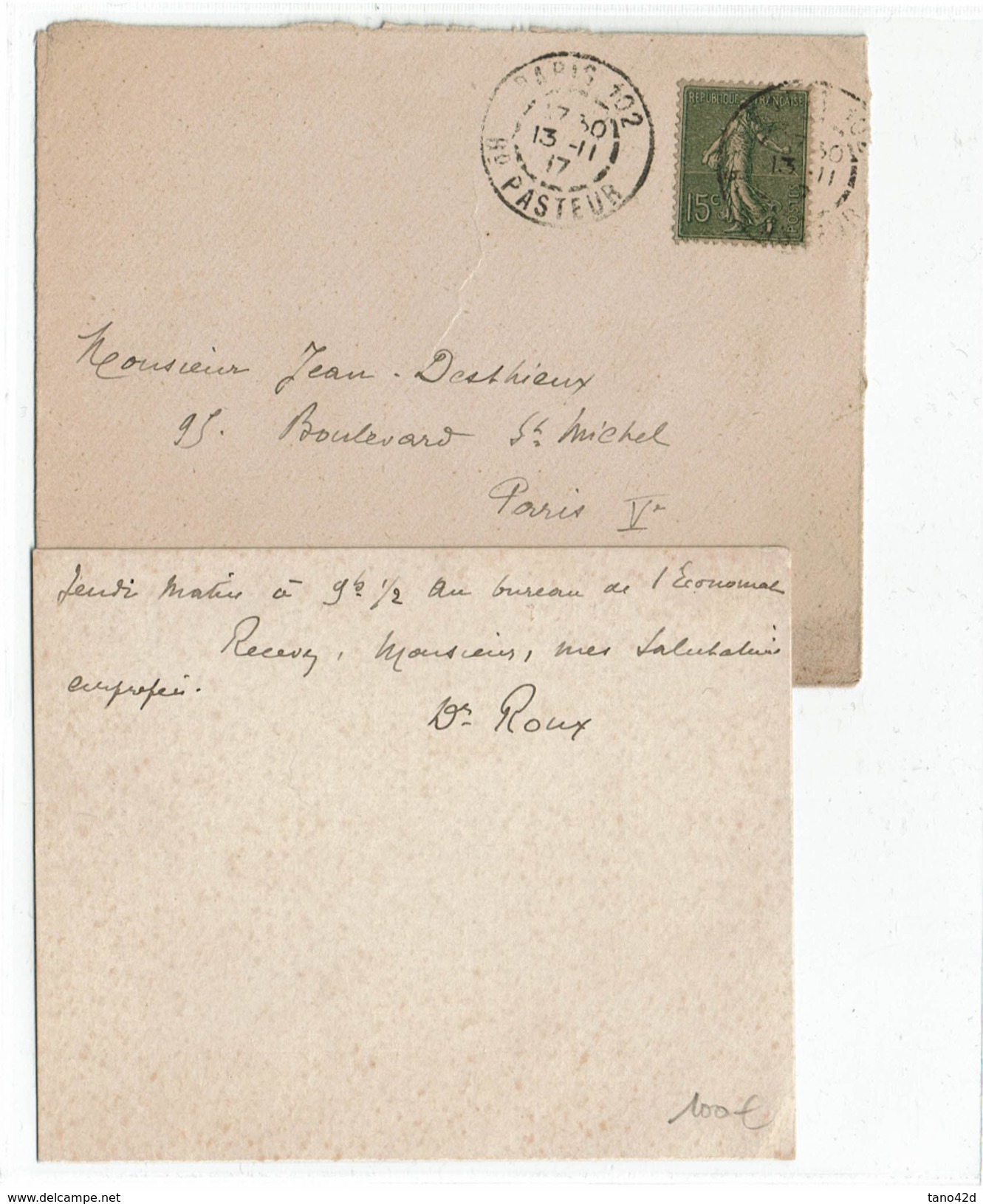 LBEL2- LETTRE A EN-TÊTE INSTITUT PASTEUR SIGNEE DR. ROUX NOVEMBRE 1917 - Sonstige & Ohne Zuordnung