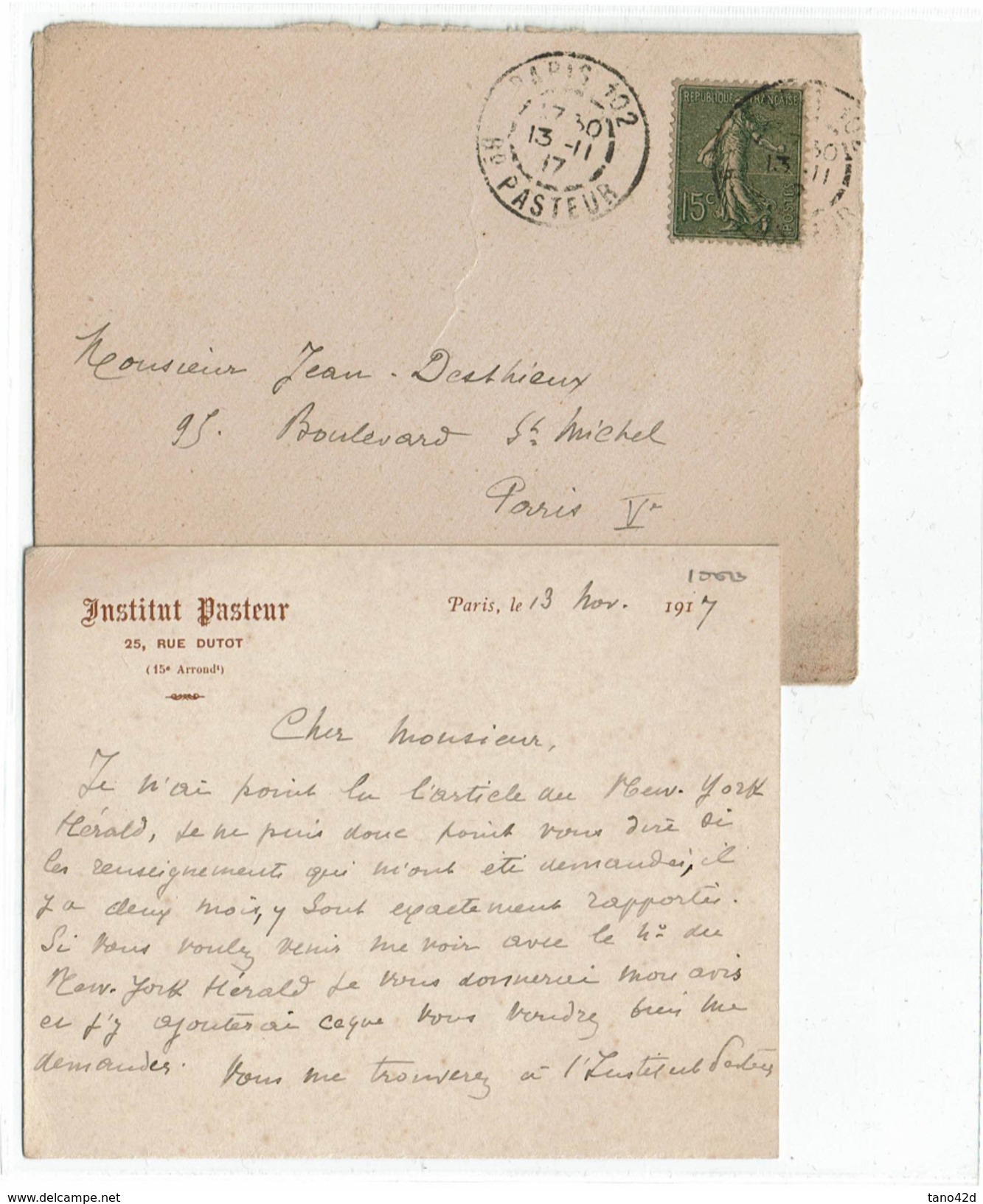 LBEL2- LETTRE A EN-TÊTE INSTITUT PASTEUR SIGNEE DR. ROUX NOVEMBRE 1917 - Sonstige & Ohne Zuordnung